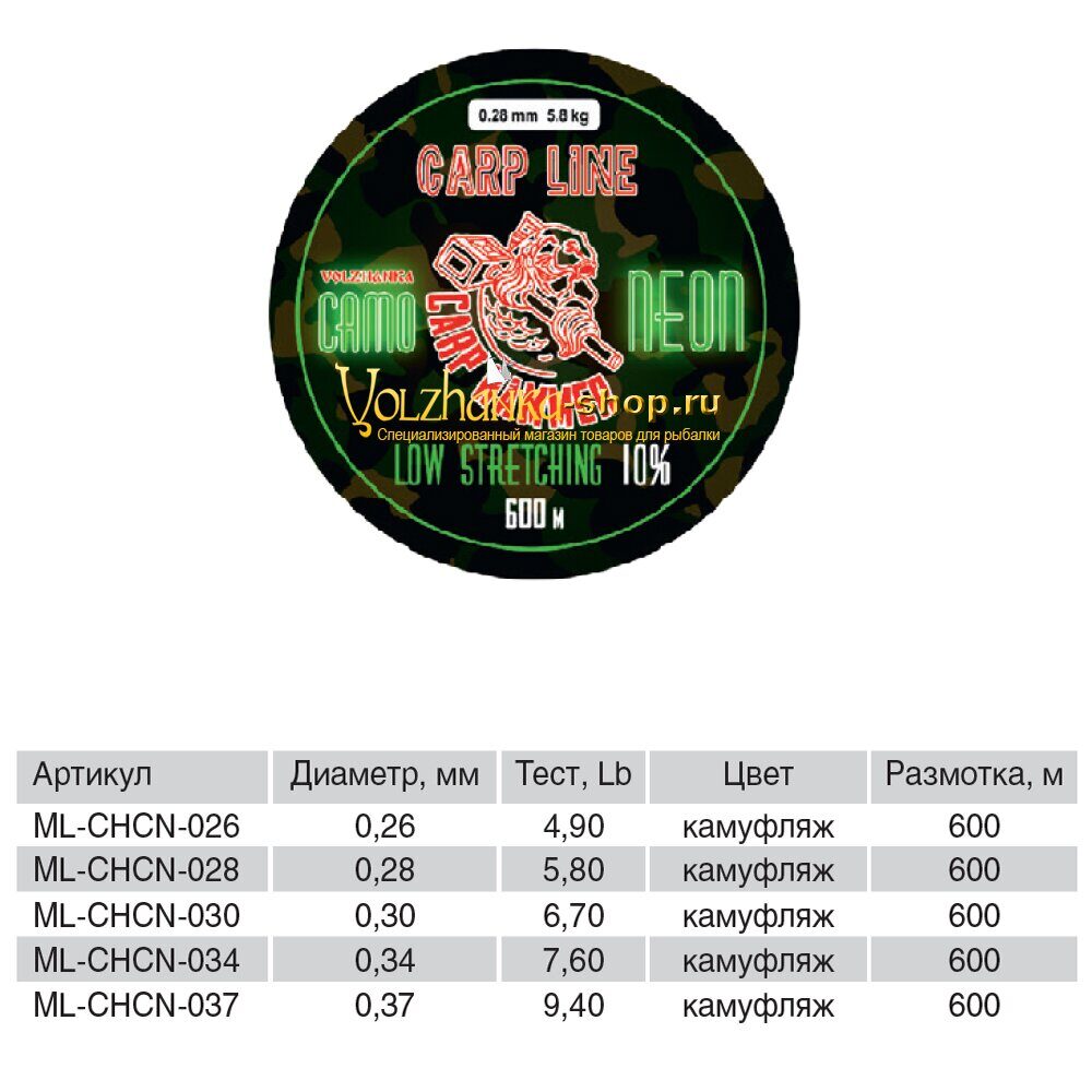 Volzhanka მონოფილამენტური ძაფი Carp Hammer Camo NEON, 600 მ / 0.28 მმ, 5.8 კგ, ფერი: კამუფლაჟი