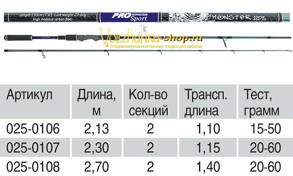 სპინინგი „Volzhanka Pro Sport Monster“, ტესტი 15–50 გ, 2.13 მ (2 სექცია)