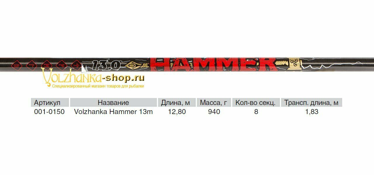 შტეკერული ჯოხი Volzhanka Hammer, 13.0 მ (8 სექცია)